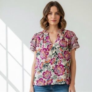 Nicole Miller Artelier Floral Ruffle Sleeve Blouse size medium
